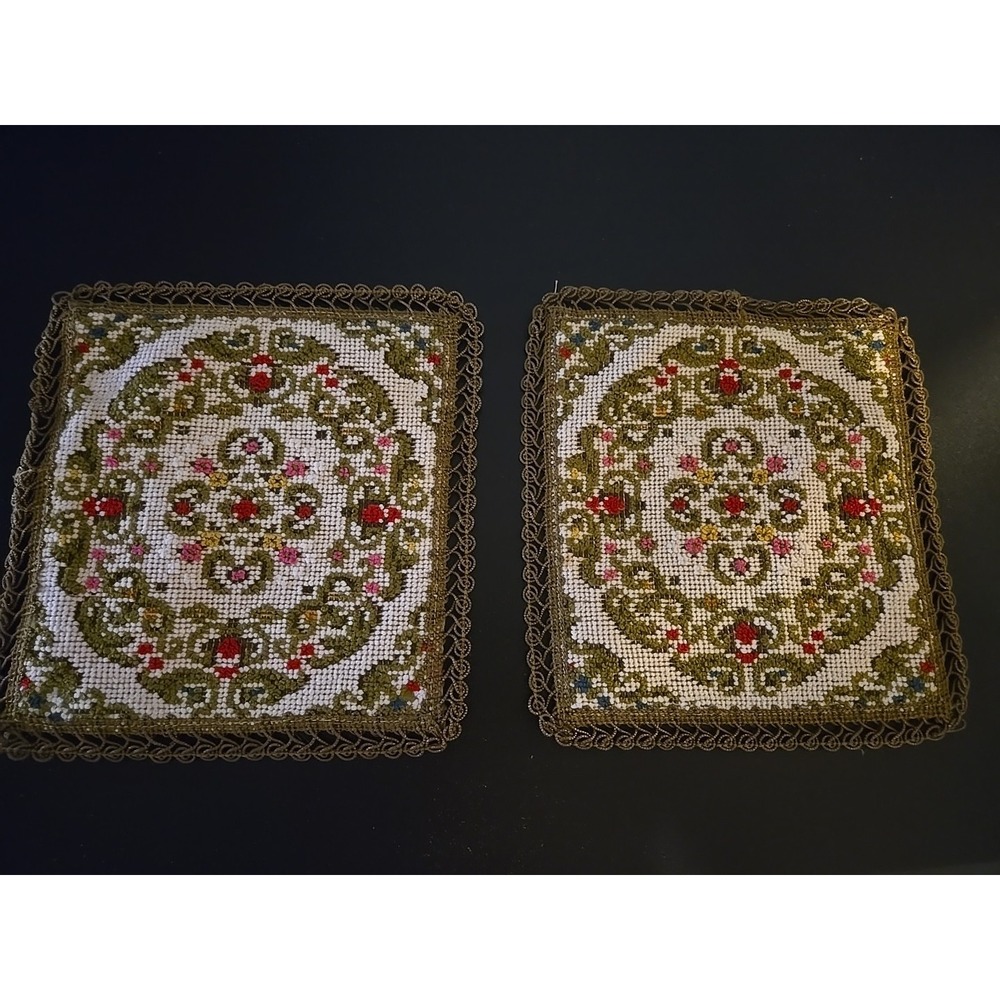 2 Belgium Group Muylle Brocade Belgian Tapestry doily metallic lace trim Vintage